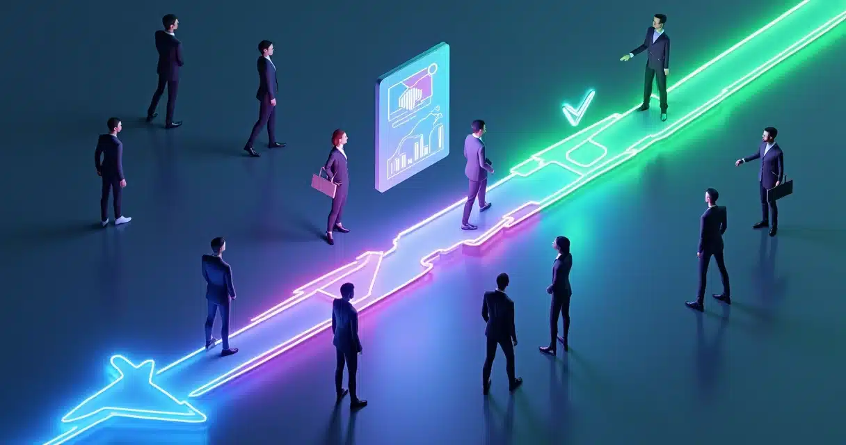 Equipe comercial interna e parceiros alinhando metas em trilho duplo em ambiente 3D corporativo, alinhar o time comercial