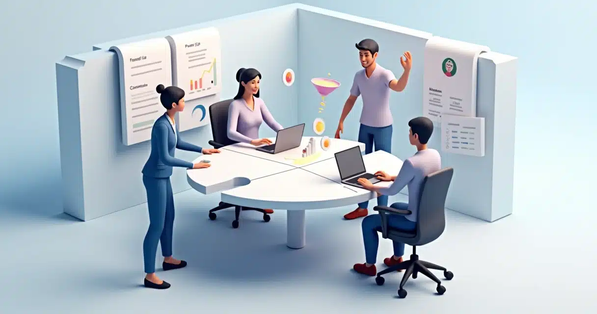 Time pequeno de três pessoas planejando operação de parcerias em ambiente 3D minimalista, time de parcerias