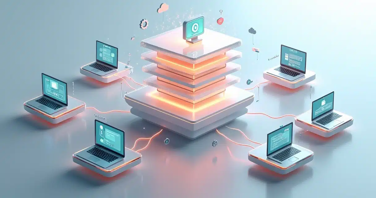 Hub 3D de conhecimento centralizado conectando vários partners B2B em telas e pastas digitais
