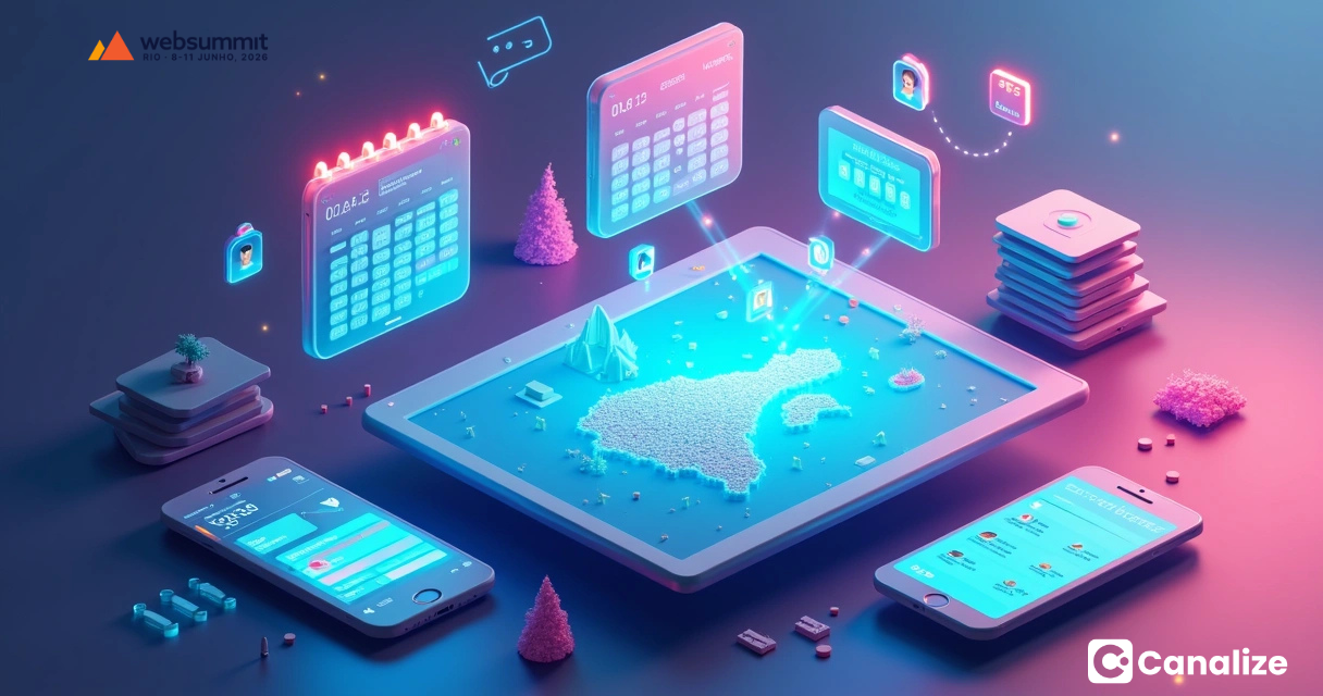Planejamento em 3D para visita ao Web Summit Rio com mapa digital e ícones de networking