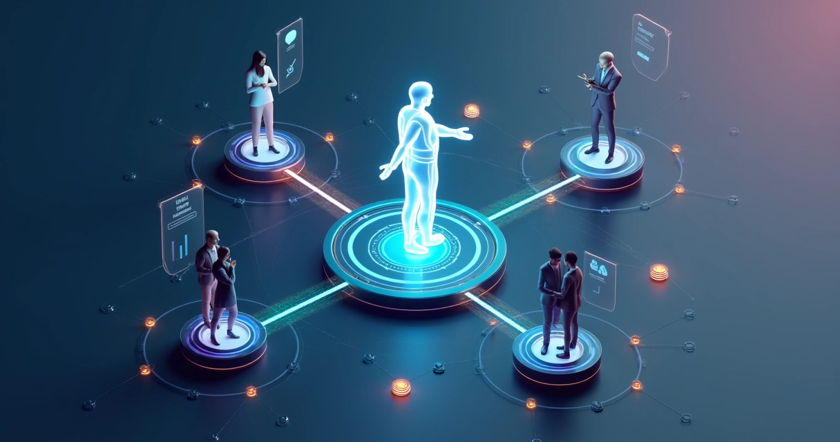 Conector 3D ligando dois executivos em redes de indicação de negócios