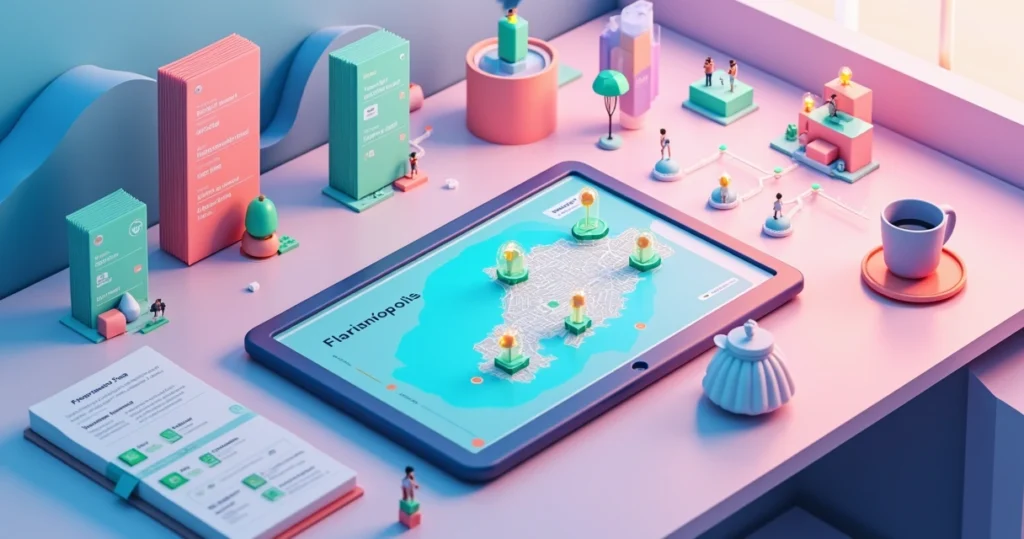 Guia prático para o Startup Summit 2026 em Florianópolis Ilustração 3D de planejamento para o Startup Summit em Florianópolis com mapa, checklists e conexões de networking