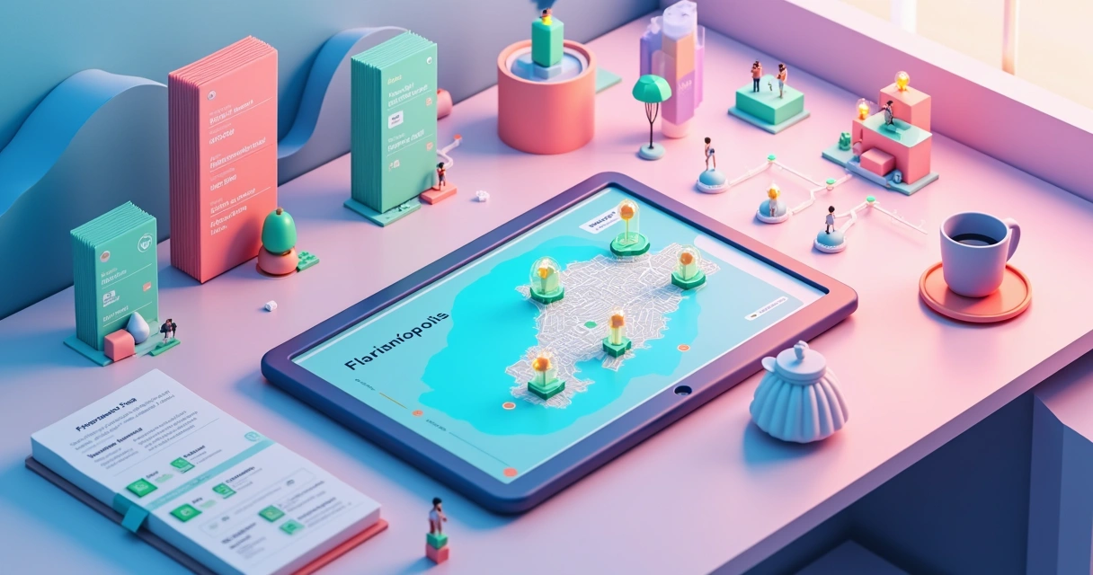 Ilustração 3D de planejamento para o Startup Summit em Florianópolis com mapa, checklists e conexões de networking
