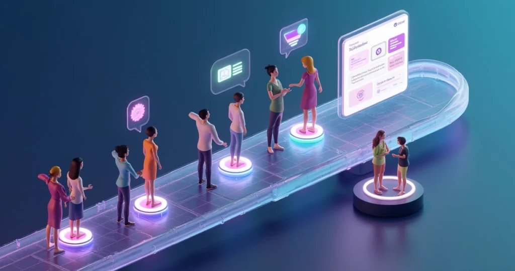 Como Recrutar Revendedores: Guia Estruturado e Prático Fila de avatares 3D em processo digital de seleção de revendedores, Como Recrutar Revendedores